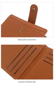 Detail of RFID blocking brown leather wallet showing high-quality snap button and card slots
