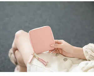 Detail of a pink square zip wallet with matching tassel charm held by a model