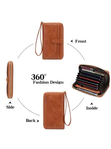Vintage brown leather long wallet with multi-card slots and secure zipper closure