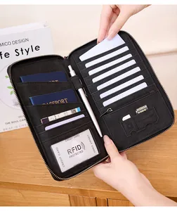 Detailed internal compartments of RFID blocking leather travel passport wallet with card slots