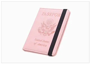 Protège-passeport rose RFID avec emblème des USA et bande élastique de fermeture