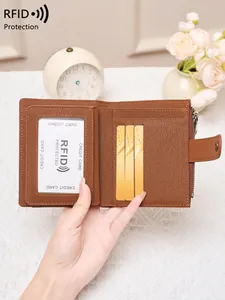 Brown leather RFID blocking trifold wallet with multiple card slots and secure button closure