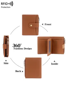 Brown leather RFID blocking trifold wallet showing front, back, and interior views