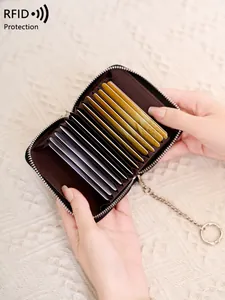 Brown RFID blocking leather card holder with 11 slots and metal keychain chain