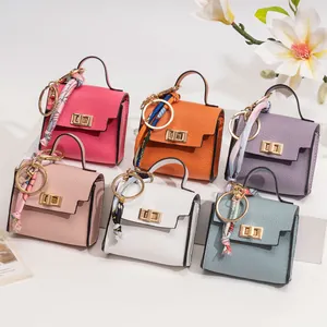 Mini Bag Pendant Keychain Luxury Litchi Grain PU Leather Case With Silk Scarf Decor Gold Lock Ornament For Women Bag Decor