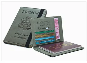 Protège-passeport RFID gris montrant fentes pour cartes, slots SIM et sangle élastique
