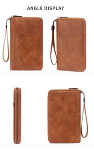 Vues multiples du portefeuille de voyage RFID vintage en cuir marron avec dragonne