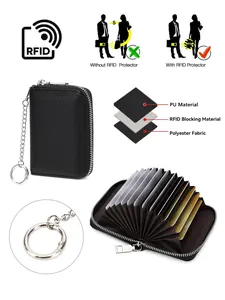 RFID blocking accordion leather card holder with chain and secure zipper closure
