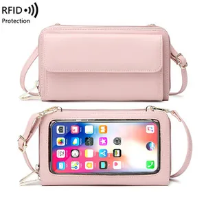Détails du sac de téléphone rose avec protection RFID et fenêtre tactile transparente