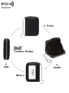 Black pebbled leather RFID card holder with chain keychain and multi-slot accordion interior