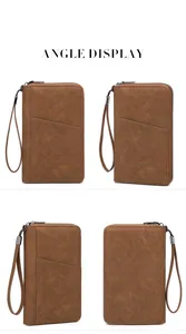 Multiple angles of brown RFID leather travel wallet with zipper and wrist strap