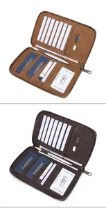 Detail of RFID travel wallet showing multiple card slots, passport holders, and pen loop