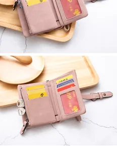 Detail of soft PU leather folding wallet with multiple card slots and zipper pocket