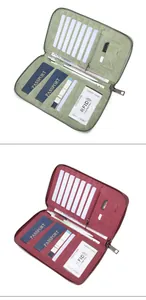 Detail of RFID blocking passport wallet interior with multiple card slots and passport holders