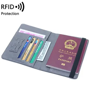 Protège-passeport gris avec protection RFID, fentes SIM et bande élastique