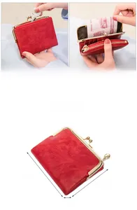 Detail of red vintage kiss-lock wallet showing size 12x10x2cm and dual storage structure