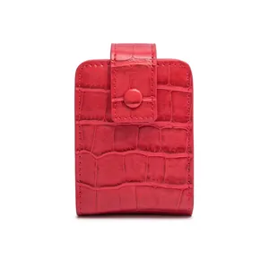 Mini red crocodile pattern makeup bag with mirror and snap closure for lipstick