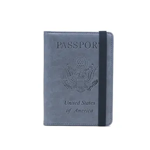 Protège-passeport RFID bleu-gris avec emblème US, sangle élastique et cuir PU texturé