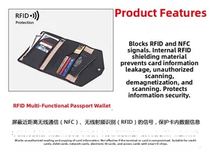 Internal view of black leather RFID passport holder with multiple card slots and secure pockets