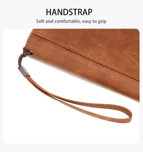Détail du portefeuille RFID en cuir marron vintage avec une dragonne robuste