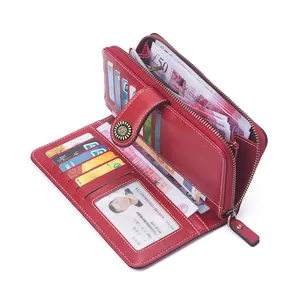 Red long faux leather wallet for women with zipper pocket and multi-card slots