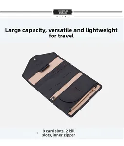 Internal layout of travel passport wallet with 8 card slots and zipper pocket