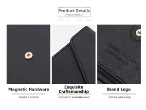 Detail view of RFID passport wallet with gold magnetic snap and travel logo engraving