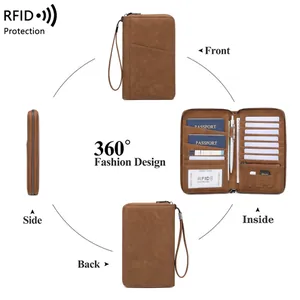 Brown RFID blocking travel passport wallet with wrist strap and multi-card slots