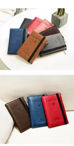 Flat lay of colorful RFID passport wallets with zipper closure and elastic strap