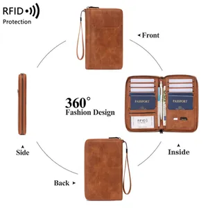 Portefeuille de voyage RFID en cuir marron vintage avec emplacements multifonctionnels