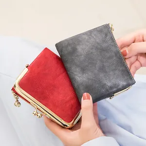 Vintage matte leather small wallets with metal kiss-lock and zipper closure for women