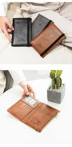 Detail view of leather travel passport wallet showing card slots and zipper pocket