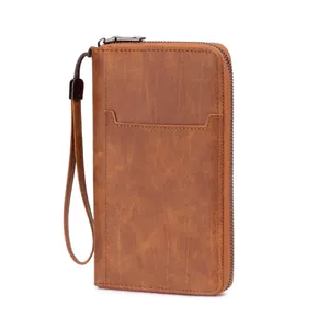 Portefeuille voyage RFID en cuir marron vintage avec dragonne et fermeture éclair