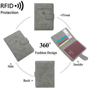 Funda de pasaporte gris de cuero PU con bloqueo RFID e iconos de viaje para documentos