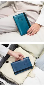 Detail of travel passport wallets in blue with elastic straps and textured finish