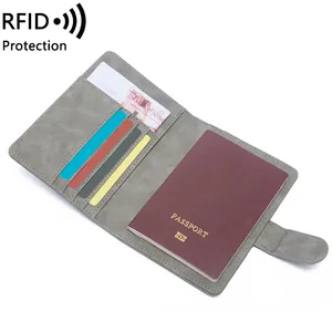 Funda gris para pasaporte con bloqueo RFID en cuero PU y múltiples ranuras para tarjetas