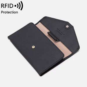 Black Saffiano leather RFID travel passport wallet with multiple card slots and pen holder