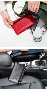Dual scene detail of red and black leather passport wallets with secure elastic strap