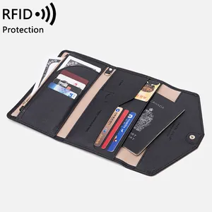 RFID black cross-texture PU leather travel passport wallet with multiple card slots