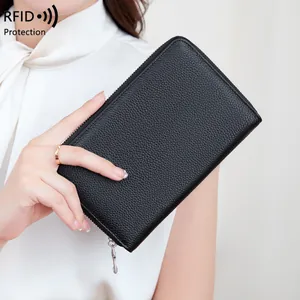 Portefeuille multifonction en cuir véritable noir avec protection RFID et fermeture éclair