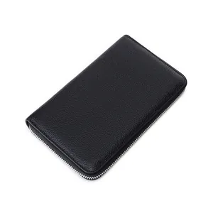 Portefeuille long en cuir noir classique avec texture grainée et fermeture éclair en argent