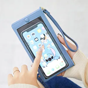 Borsa porta cellulare in pelle blu con finestra touchscreen e cinturino da polso