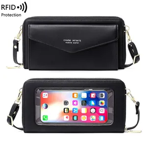 Borsa porta cellulare RFID in pelle nera con finestra touch e tracolla regolabile