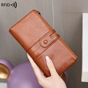 Retro brown leather RFID long wallet with zipper and snap closure for women