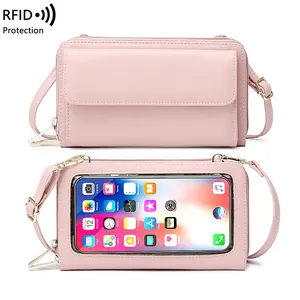 Borsa a tracolla rosa per cellulare con protezione RFID e finestra touch in pelle