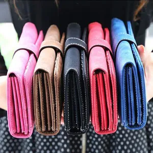 Frosted long leather wallet with multi-layer capacity and buckle closure in five colors