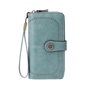 Lake blue RFID long wallet for women with wristlet and vintage metal button clasp