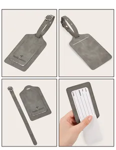 Detailed views of grey PU leather luggage tag with adjustable buckle strap and info card