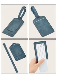 Detail view of blue PU leather luggage tag showing strap and pull-out information card