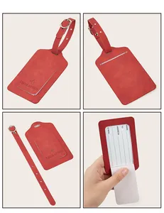 Macro details of red PU leather luggage tag showing stitching and adjustable metal buckle